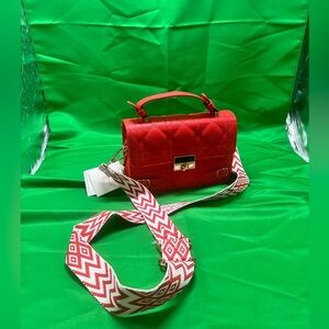 NWT Rozebud Red Quilted Handbag with Patterned Strap, w/extra strap inside bag